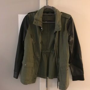 Army Green Jacket with Leather Sleeves